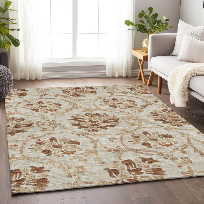 10' X 14' Floral Washable Area Rug With UV Protection - Terra Cotta And Beige