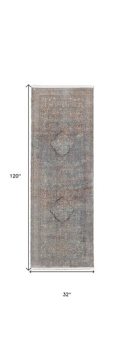 10' Floral Power Loom Stain Resistant Runner Rug - Blue Red And Gray