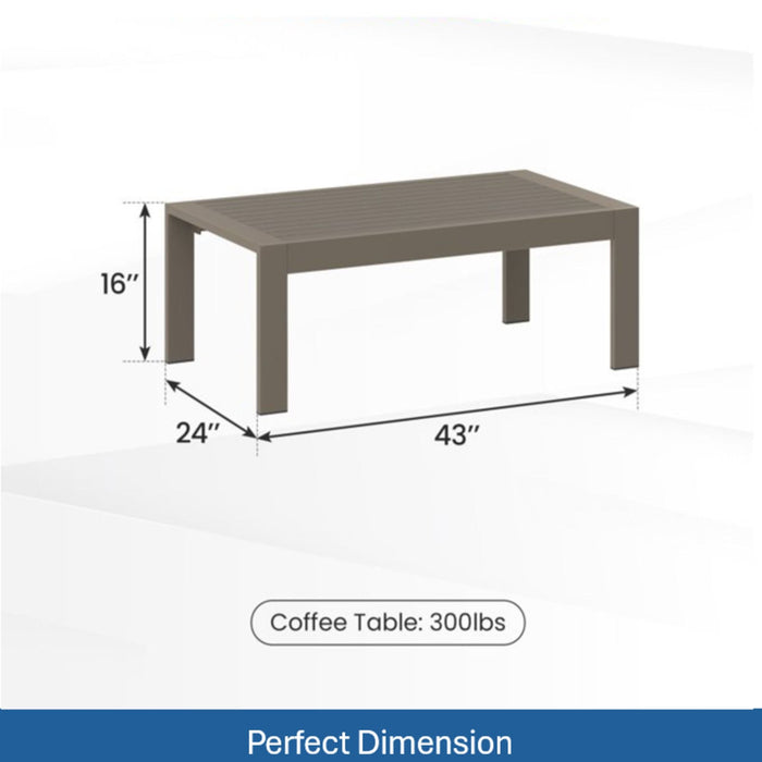 Giga all-weather outdoor coffee table with wood-look top, weather-resistant design, and sturdy frame for patio or garden use.