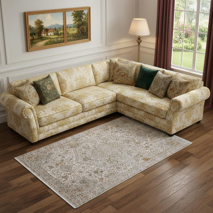 9' X 13' Oriental Area Rug With Fringe (722070) - Ivory / Gray / Gold