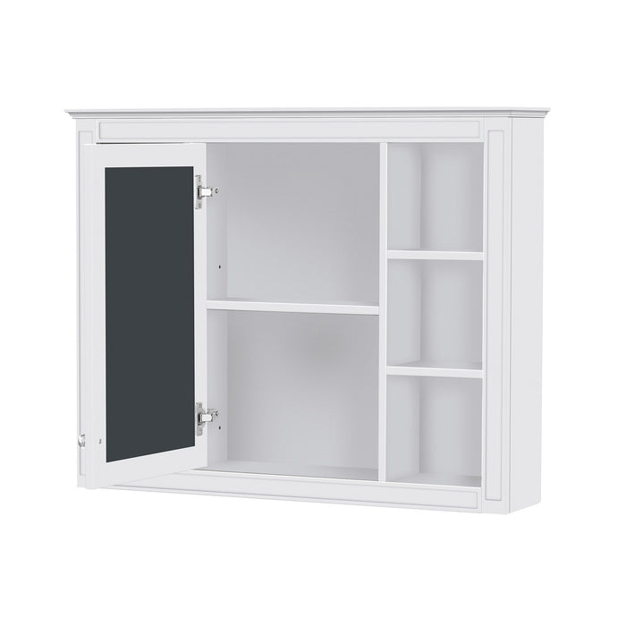 Giga wall-mounted medicine cabinet with mirror, featuring 6 open shelves and adjustable interior for bathroom storage.