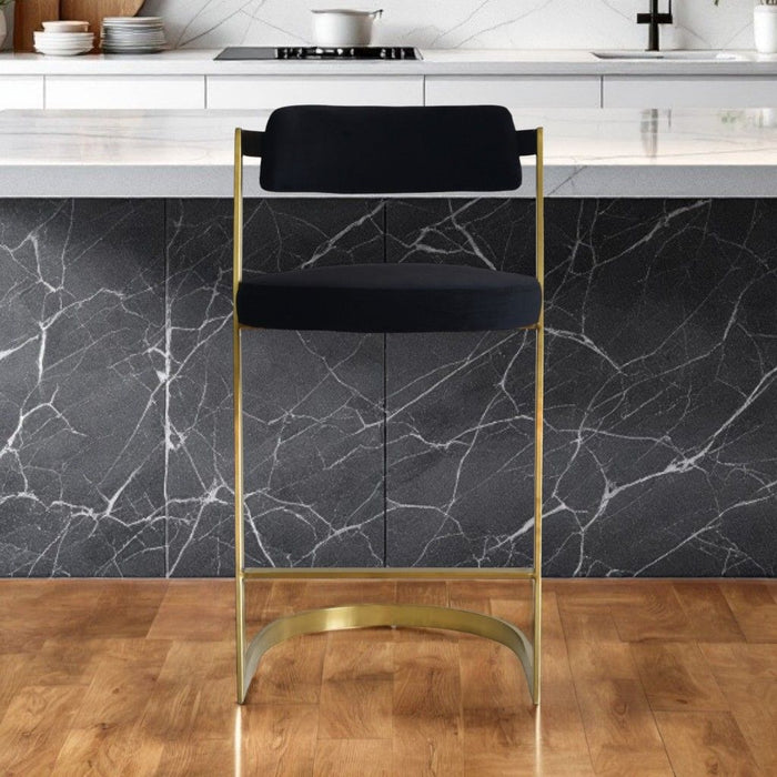 Velvet And Stainless Steel Low Back Counter Height Bar Chair - Black And Gold
