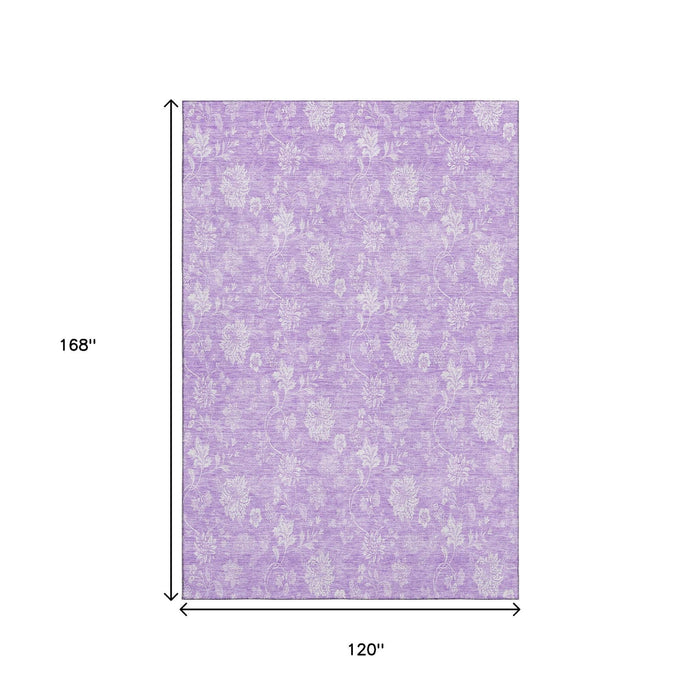 10' X 14' Floral Washable Area Rug With UV Protection (655998) - Lilac / Ivory