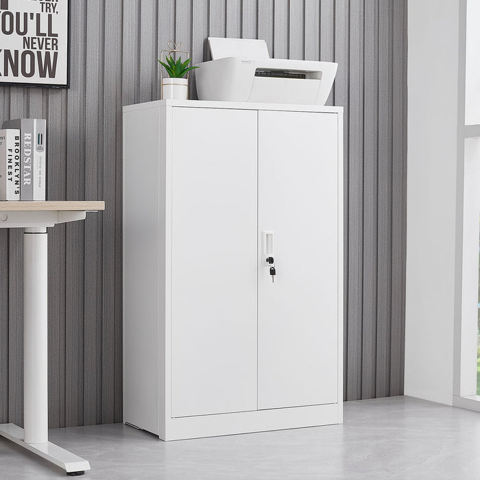 Giga metal filing cabinet with locking doors, adjustable shelves, ideal for home office, school, or garage storage.