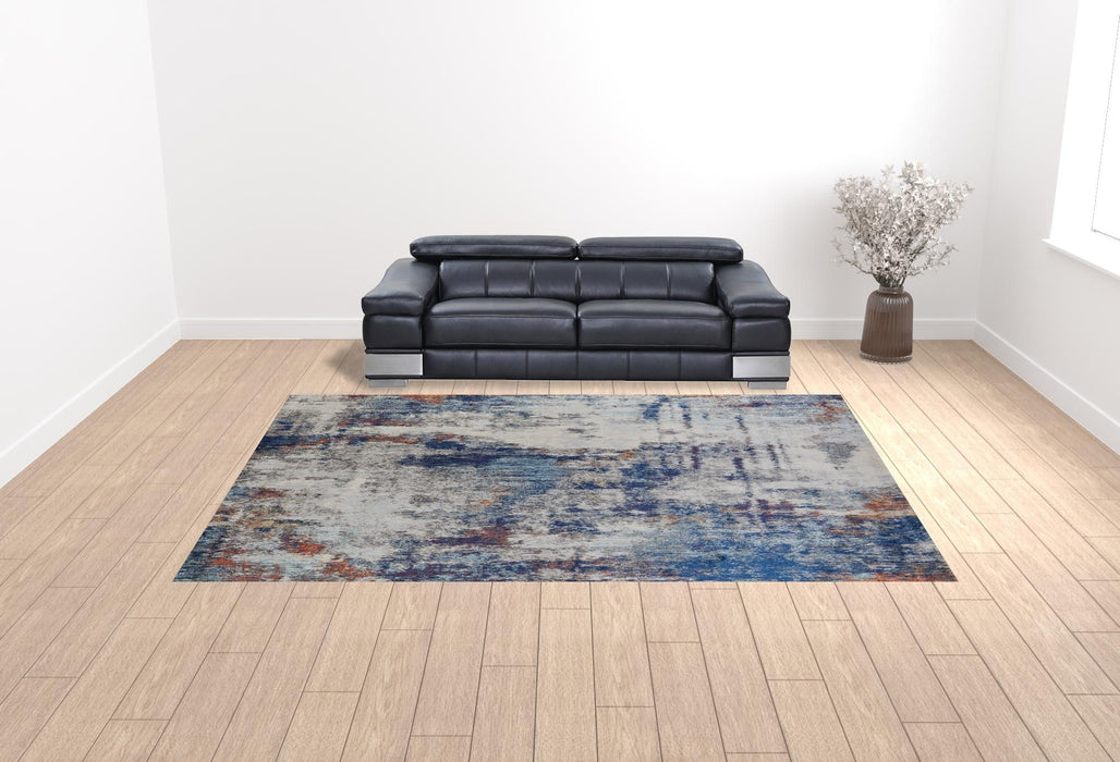10' x 14' Abstract Power Loom Distressed Stain Resistant Area Rug - Ivory And Blue