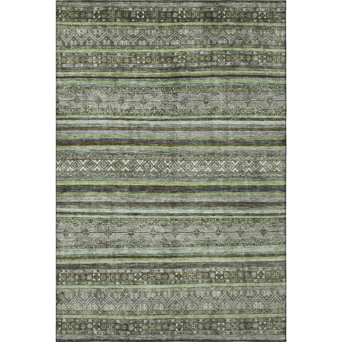 10' X 14' Striped Washable Area Rug With UV Protection (695810) - Olive Green / Gray / Silver