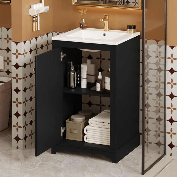 Giga bathroom vanity with sink, freestanding single cabinet, soft-close door and adjustable shelf, in a modern bathroom setting