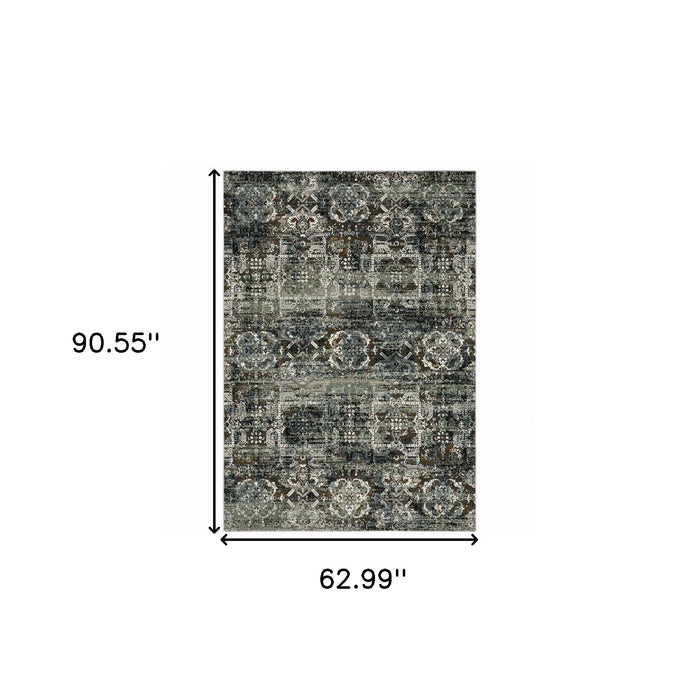 5' x 8' Oriental Power Loom Stain Resistant Area Rug - Ivory Charcoal Gray Blue Rust Gold And Brown