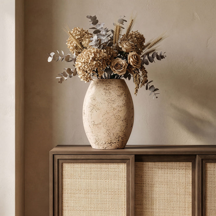 Meridian Furniture Sadie travertine vase with a smooth, rounded ceramic design for decorative use in home interiors.