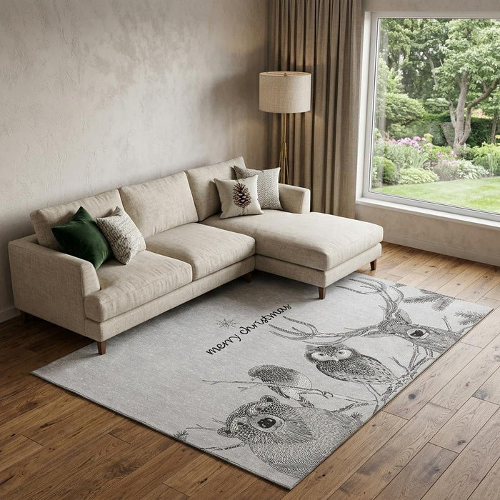 9' X 12' Christmas Woodland Lodge Washable Area Rug With UV Protection (646462) - Gray / Black