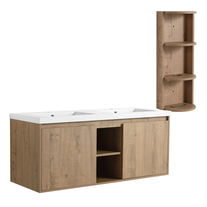 Giga 48-inch wall-mounted bathroom vanity with double resin sinks, soft-close doors, plywood construction, and oak finish.