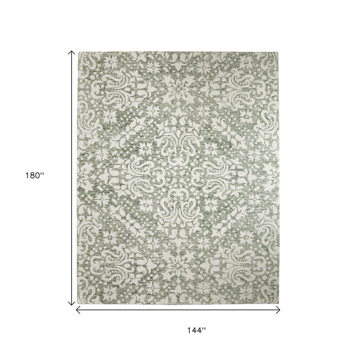 12' X 15' Floral Hand Tufted Area Rug - Ivory And Green