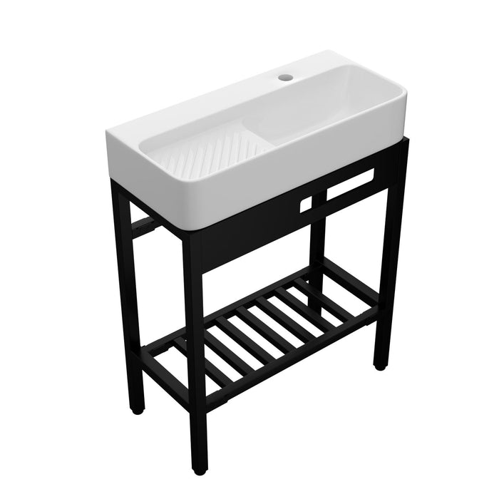 Giga inspired console vanity sink with built-in washboard, overflow, sleek legs, 28x12 inches in white and black finish.