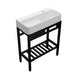 Giga inspired console vanity sink with built-in washboard, overflow, sleek legs, 28x12 inches in white and black finish.