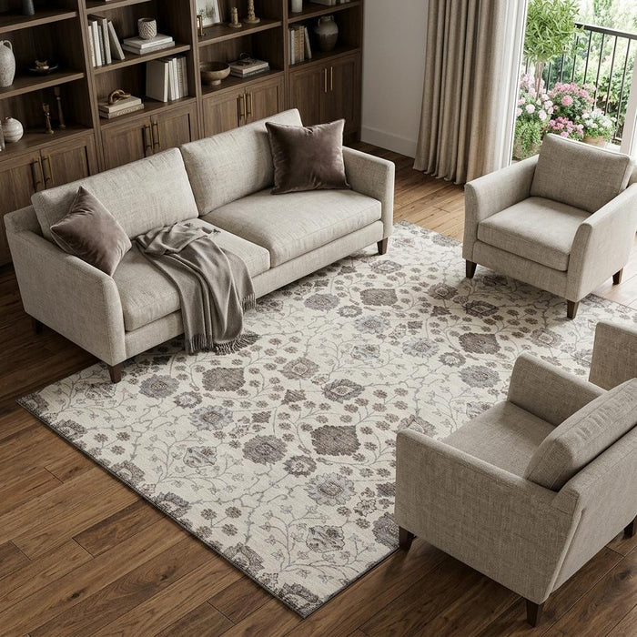 10' X 14' Floral Washable Area Rug With UV Protection (687011) - Ivory / Brown / Gray