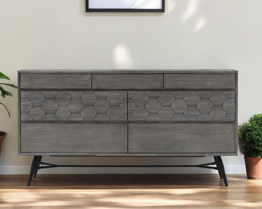 Honeycomb Carved Solid Wood Six Drawer Double Dresser - Gray