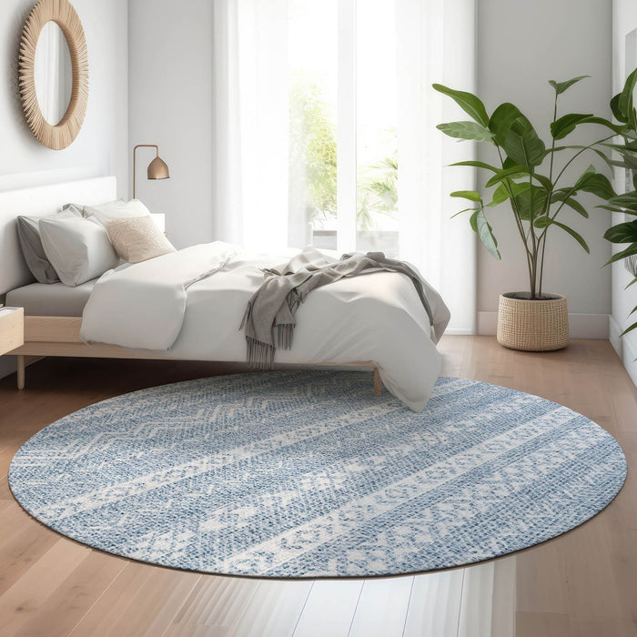 8' Southwestern Washable Round Rug Polyester With UV Protection - Blue And Ivory