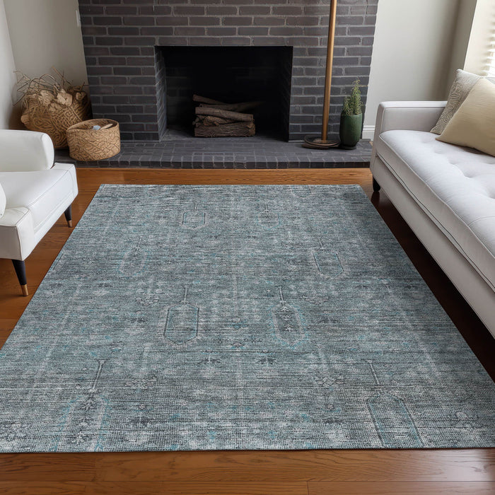10' X 14' Southwestern Washable Area Rug With UV Protection - Teal / Gray
