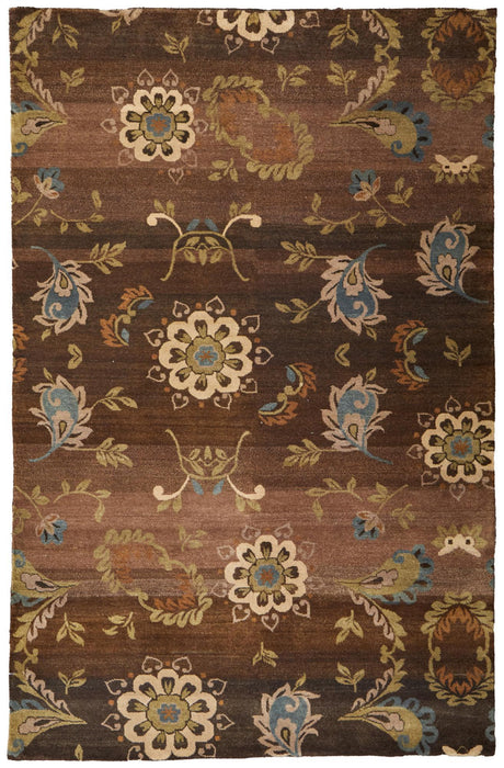 5' X 8' Wool Floral Hand Knotted Area Rug (744137) - Brown / Tan / Green