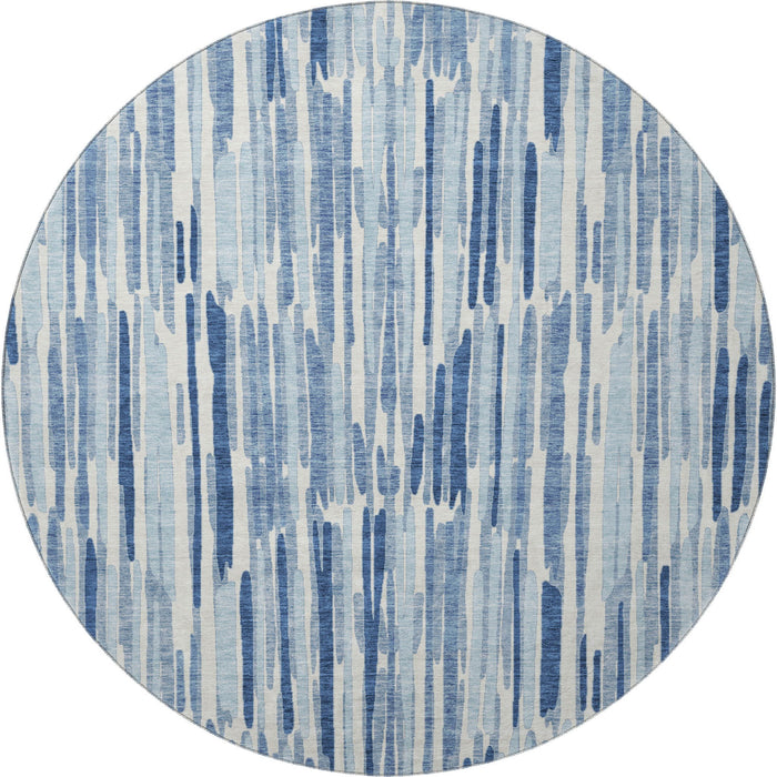 8' Abstract Polyester Washable Round Rug With UV Protection - Blue And Ivory