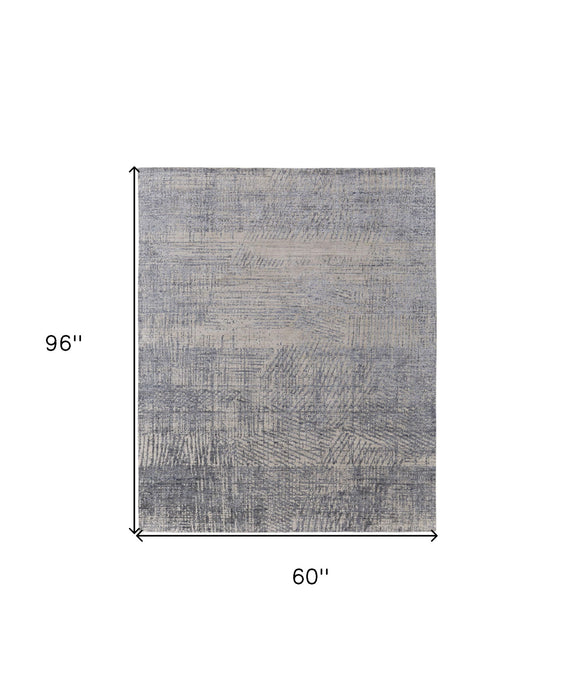 5' x 8' Abstract Hand Woven Worn Faded Area Rug - Gray Ivory And Blue
