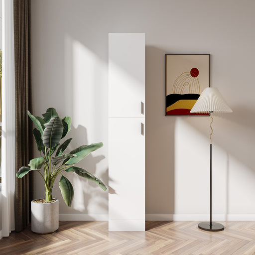 White Giga freestanding accent cabinet with adjustable shelves, two doors, ideal for kitchen or dining room storage.