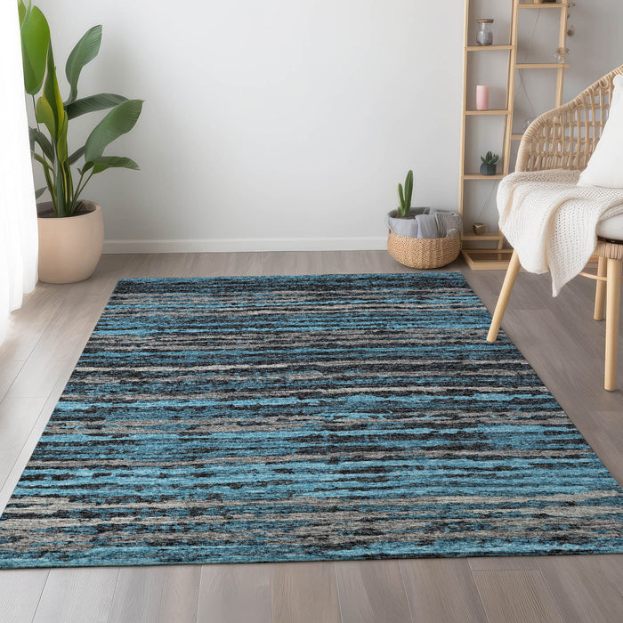 10' X 14' Striped Washable Area Rug With UV Protection - Persian Blue And Charcoal