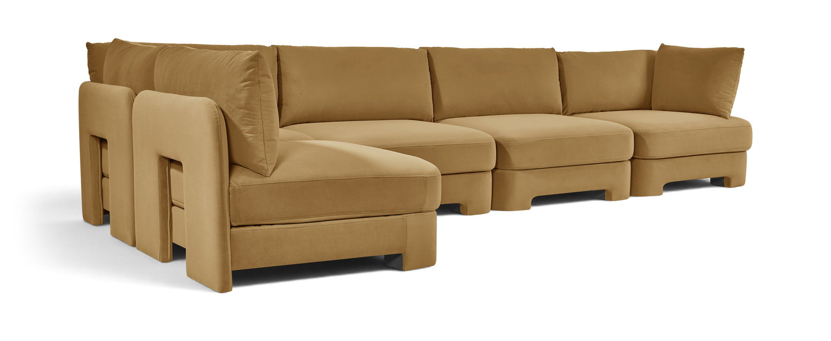 Meridian Furniture velvet performance fabric L-shaped sectional sofa with five upholstered stationary sections in a modern living room setting.