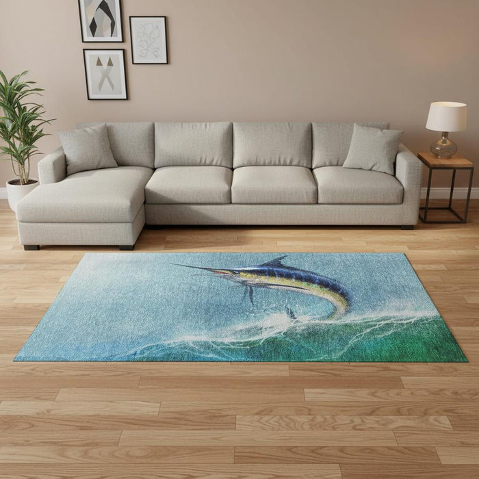 9' X 12' Nautical Washable Area Rug With UV Protection (645366) - Caribbean Blue / Emerald / Beige