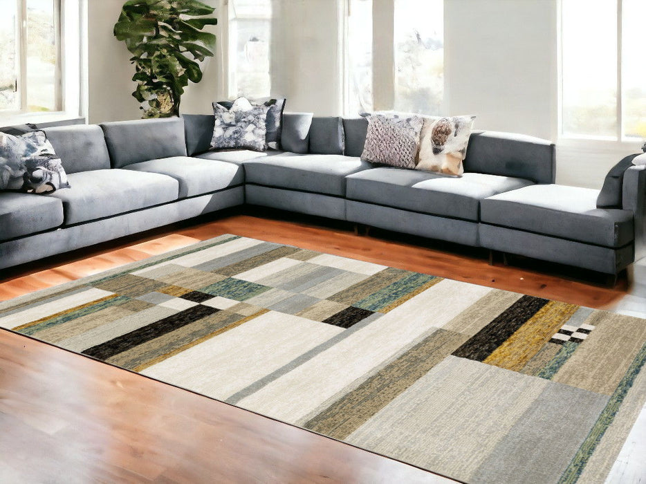 8' x 11' Geometric Power Loom Area Rug - Beige Gold Black Gray Tan Teal And Rust