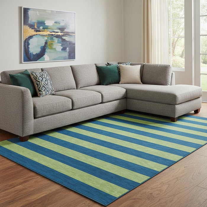 10' X 14' Striped Washable Area Rug With UV Protection (647758) - Navy Blue / Green