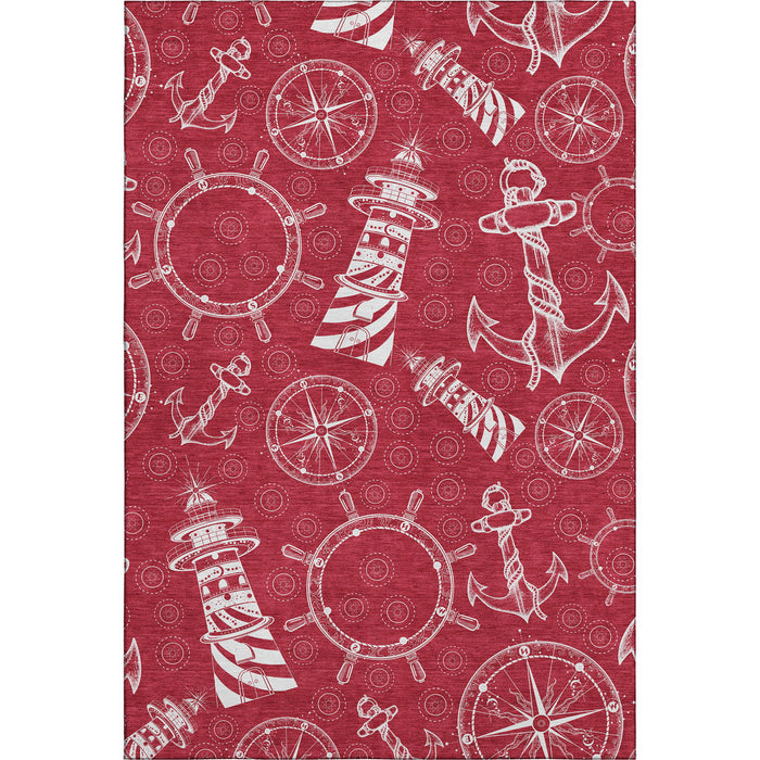 10' X 14' Nautical Washable Area Rug With UV Protection - Red And Ivory