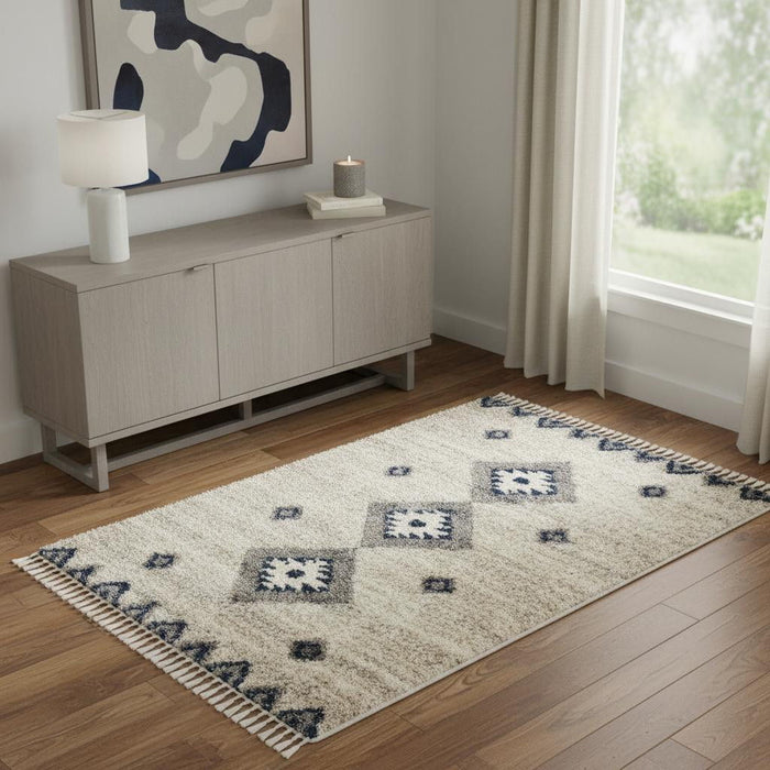 4' X 6' Geometric Shag Non Skid Area Rug With Fringe (552484) - Ivory / Blue / Gray
