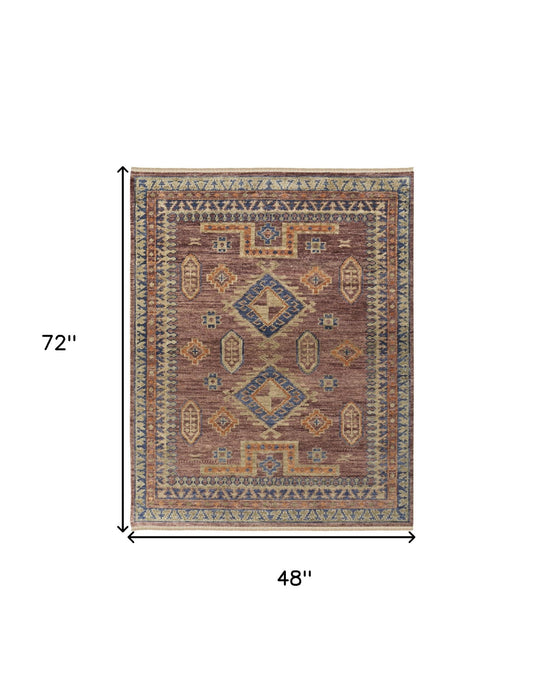 4' x 6' Wool Geometric Hand Knotted Area Rug With Fringe - Blue Red And Tan