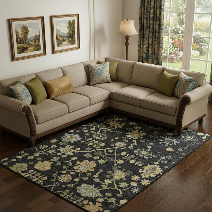 10' X 14' Floral Washable Area Rug With UV Protection (708403) - Black / Gold / Blue