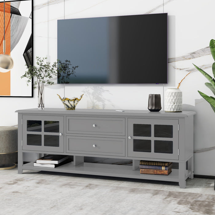 Giga TV stand with dual drawers and hidden storage, soft-close doors, sleek panel design, perfect for modern entertainment centers.