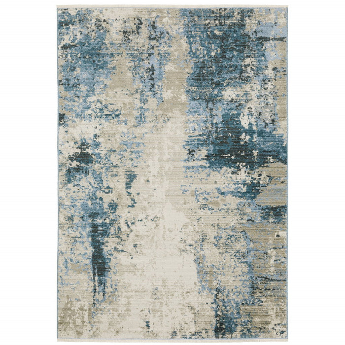 8' x 11' Abstract Power Loom Stain Resistant Area Rug With Fringe - Blue Gray Ivory Light Blue And Dark Blue