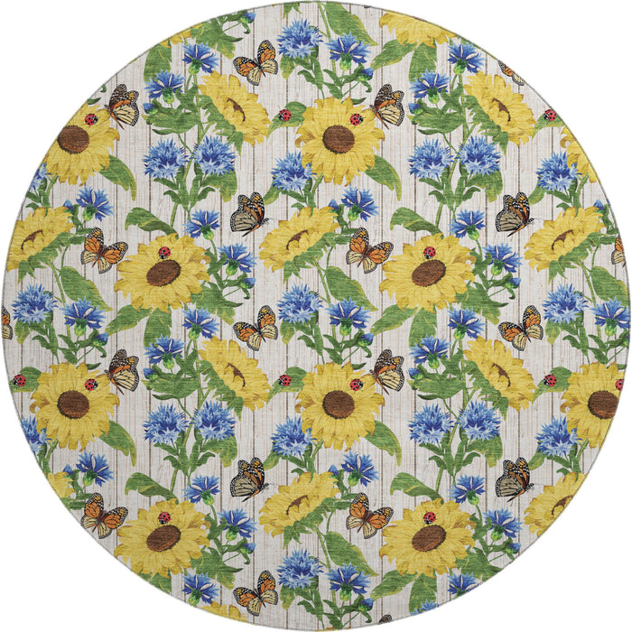 8' Cottage Geometric Washable Round Rug With UV Protection - Yellow