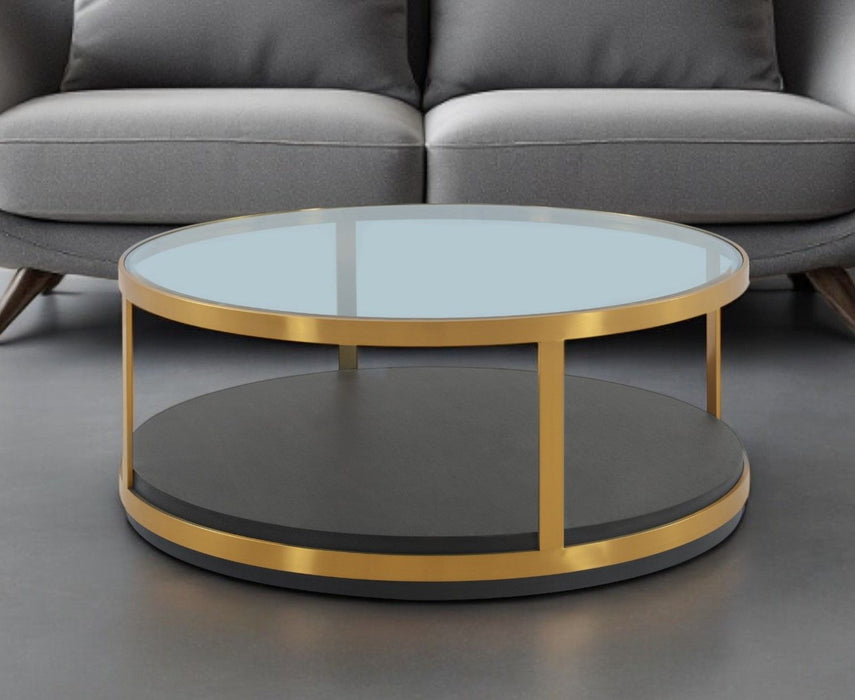Glass Wood And Metal Round Coffee Table With Shelf - Clear Black And Gold