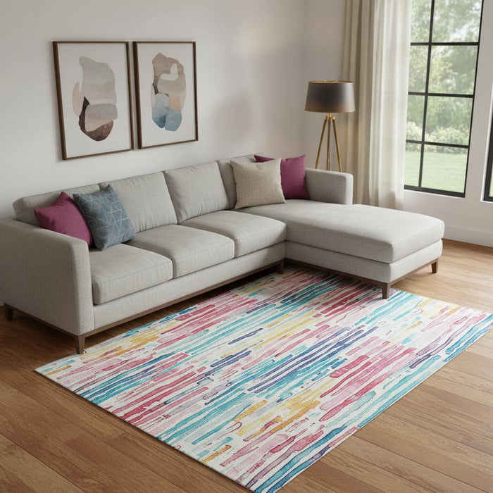10' X 14' Striped Washable Area Rug With UV Protection (697152) - White / Pink / Teal