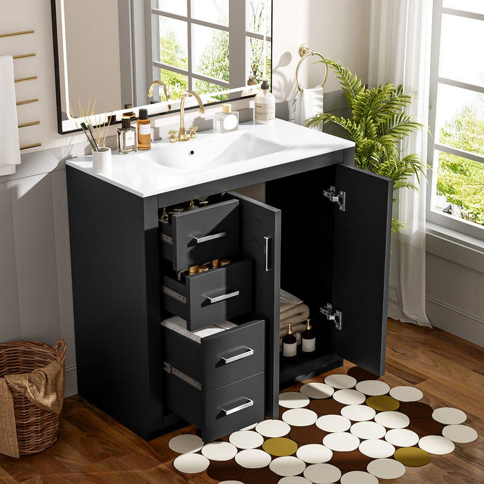 Giga bathroom vanity with sink, storage cabinet, three drawers, and soft closing doors in a freestanding set.