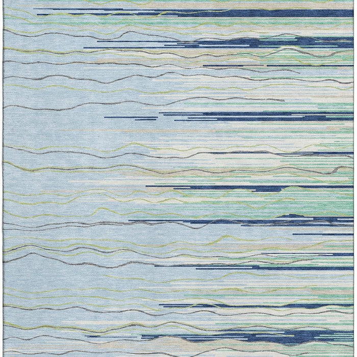 10' X 14' Striped Washable Area Rug With UV Protection (678419) - Sky Blue / Olive Green / Ivory