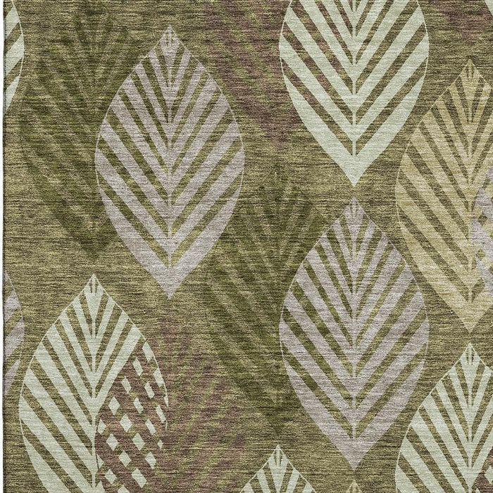 9' X 12' Floral Washable Area Rug With UV Protection - Olive Green