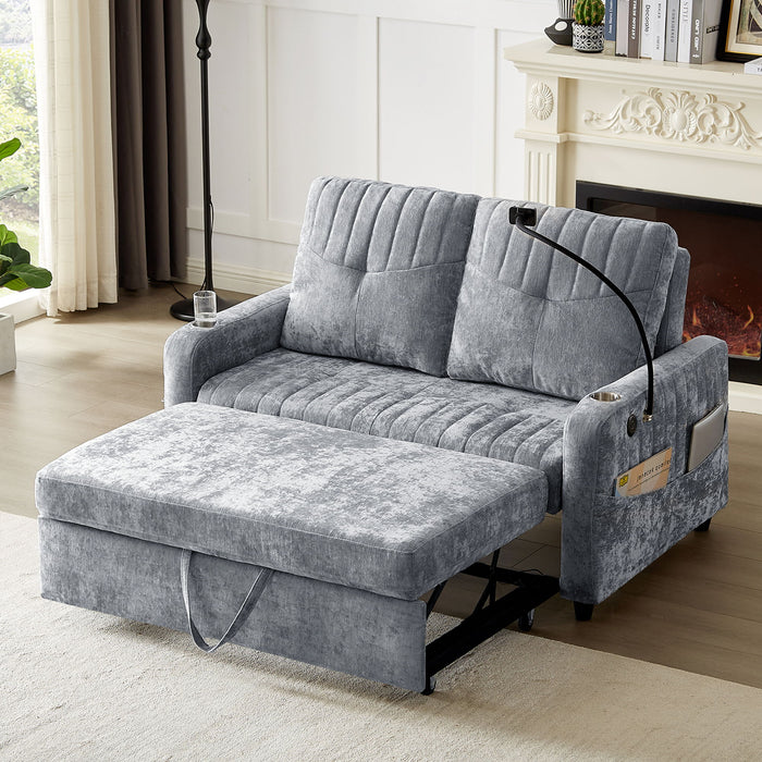 Giga modern loveseat pull-out sofa bed with adjustable backrest, cup holders, phone holder, charging ports, and side storage in living room