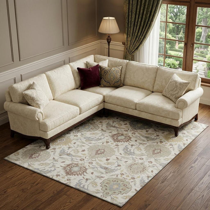 10' X 14' Damask Washable Area Rug With UV Protection (680553) - Ivory / Beige / Gray