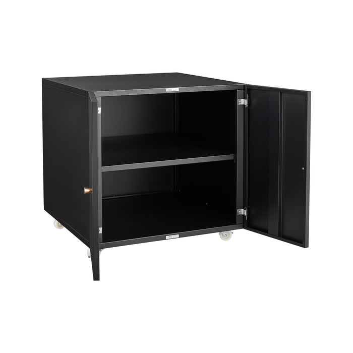 Giga office copier cabinet with two steel doors, mobile printer stand and pedestal file storage for office organization.