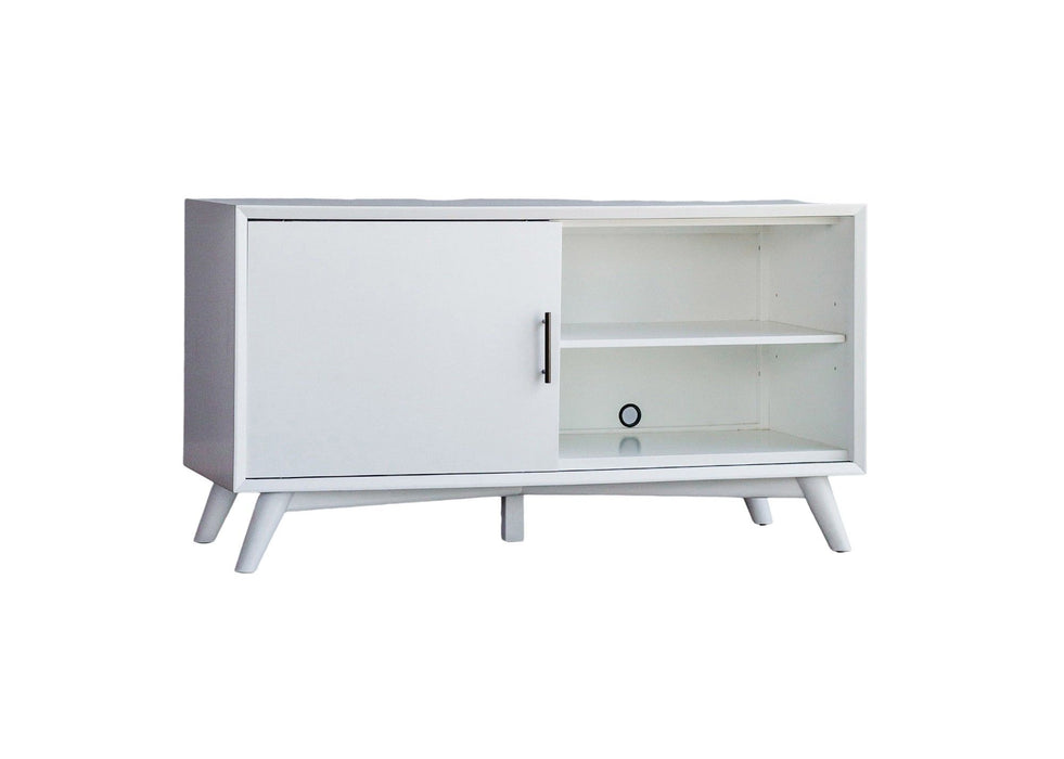 White mahogany solids and okoume veneer TV stand with enclosed storage, designed by HomeRoots for modern living rooms.