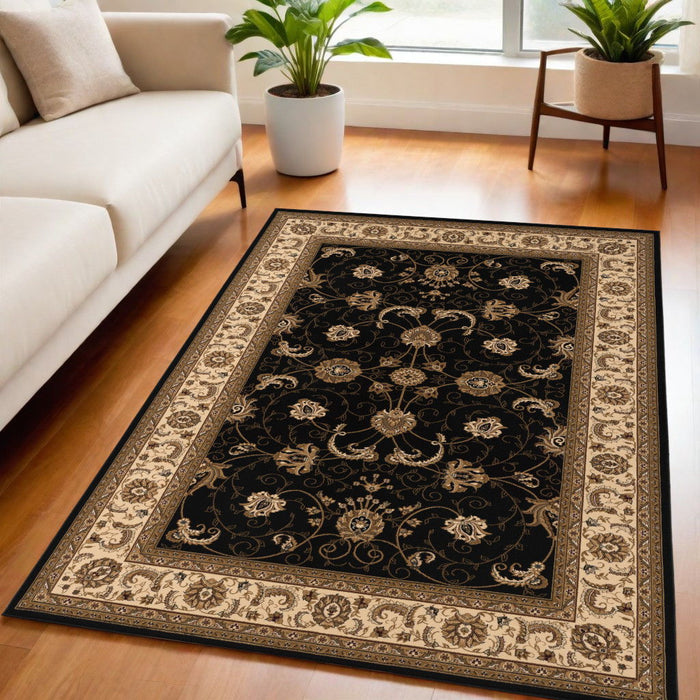 7.8' x 10.7' Oriental Power Loom Area Rug - Black And Ivory