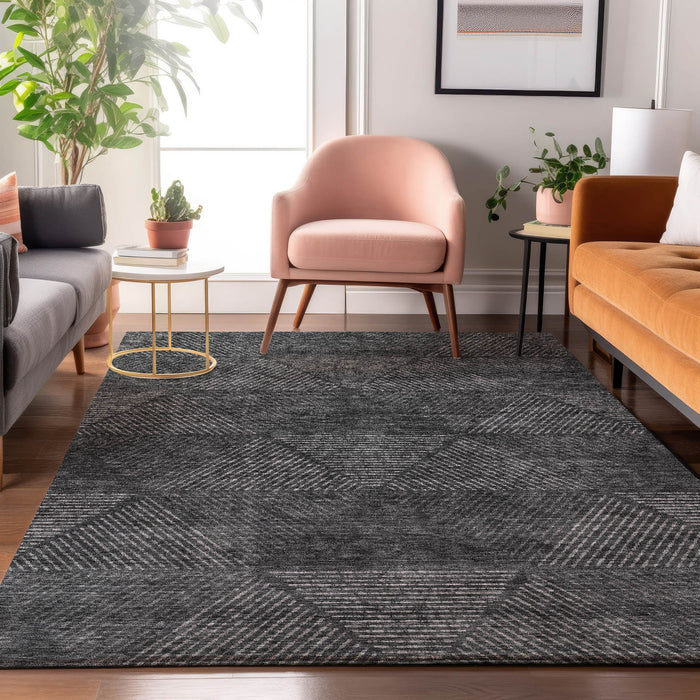 10' X 14' Geometric Washable Area Rug With UV Protection - Charcoal And Silver