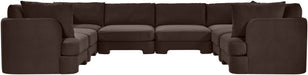 Meridian Furniture velvet upholstered 8-piece U-shaped sectional sofa for stationary seating, featuring plush cushions and modern design.